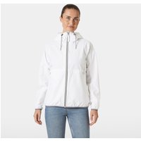 White Helly Hansen women's rain jacket with hood, front zipper, and adjustable cuffs, size small.