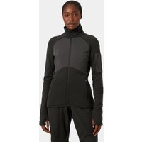 Black Helly Hansen women's midlayer jacket with high collar, full zip, and thumbholes, featuring a sleek, fitted design.