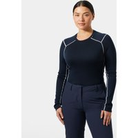 Navy Helly Hansen women's base layer with white stitching, crew neck, and long sleeves.