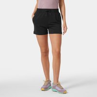 Black Helly Hansen women's shorts with elastic waistband, drawstring, and side pockets, worn by a model.