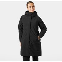Black Helly Hansen women's insulated raincoat with hood, mid-length, front zipper, and sleek design, size M.