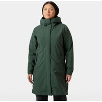 Green Helly Hansen women's insulated raincoat with hood, front zipper, and knee-length design, size XL.