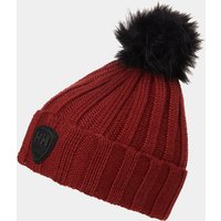 Red Helly Hansen women's beanie with ribbed knit, black faux fur pom-pom, and logo patch on the cuff.