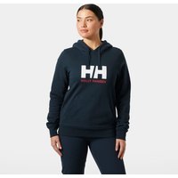 Navy Helly Hansen women's hoodie with large white "HH" logo and red text on chest, drawstring hood, and ribbed cuffs.