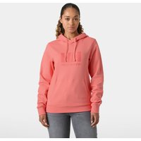 Pink Helly Hansen women's hoodie with logo on chest, drawstring hood, and ribbed cuffs, size L.