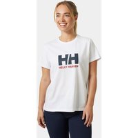 White Helly Hansen women's T-shirt with large navy "HH" logo and red text on front, short sleeves, crew neck.