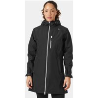 Black Helly Hansen women's 3/4 length rain jacket with hood, front zipper, and chest pocket, size S.