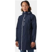 Navy Helly Hansen women's 3/4 length rain jacket with hood, front zipper, and chest pocket, size M.