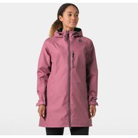 Pink Helly Hansen women's 3/4 length rain jacket with hood, front zipper, and chest pocket, size XL.