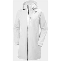 White Helly Hansen women's 3/4 length rain jacket with hood, front zipper, and chest pocket, size L.