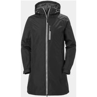 Black Helly Hansen women's insulated winter jacket with hood, front zipper, and chest pocket, size M.