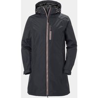Grey Helly Hansen women's long insulated winter jacket with hood, front zipper, and adjustable cuffs, size XS.