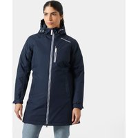 Navy Helly Hansen women's insulated winter jacket with hood, front zipper, and chest pocket, size S.