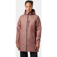 Pink Helly Hansen women's long insulated winter jacket with hood, front zipper, and chest pocket, size S.