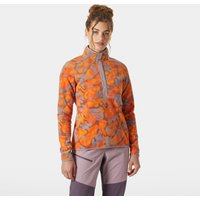Orange printed fleece with half-zip, high collar, and abstract pattern, worn by a model.