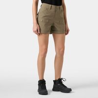 Green Helly Hansen women's shorts with side pockets, belt loops, and button closure, worn with black boots.