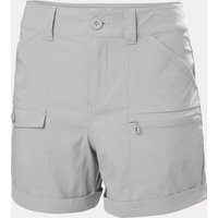 Grey Helly Hansen women's shorts with button closure, side pockets, and zippered cargo pocket, size M.
