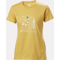 Beige Helly Hansen women's T-shirt, size S, with graphic of mountains, tree, and sun on front.
