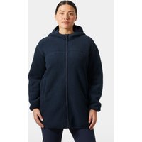 Navy Helly Hansen women's pile jacket with hood, full zip front, and two side pockets.