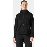 Black Helly Hansen women's stretch jacket with hood, front zipper, and logo on chest, size small.
