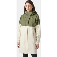Green and cream Helly Hansen women's raincoat with hood, front zipper, and adjustable cuffs, size XS.
