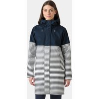 Navy Helly Hansen women's raincoat with striped lower half, adjustable hood, and front zipper, size XS.