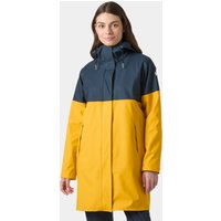 Yellow and navy Helly Hansen women's raincoat with hood, front zipper, and two pockets, size M.