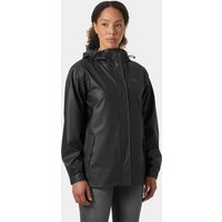 Black Helly Hansen waterproof rain jacket, XS, with hood, front zipper, and adjustable cuffs.