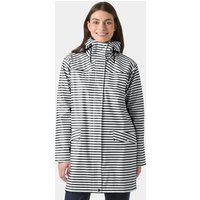 White Helly Hansen women's rain coat with black stripes, hood, and front pockets, size XL.