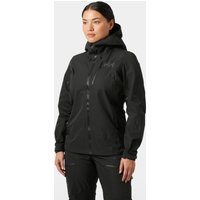 Black Helly Hansen women's shell jacket, hooded, zippered front, waterproof fabric, XS size.