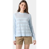 Blue Helly Hansen women's knit sweater, XS, with horizontal textured stripes and long sleeves.
