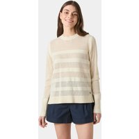White Helly Hansen women's knit sweater with sheer horizontal stripes and long sleeves, size M.