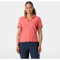 Pink Helly Hansen women's polo shirt with short sleeves, navy trim, and a classic collar, size L.