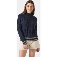 Navy knit sweater with cable pattern, ribbed cuffs, and striped hem, worn by a model.