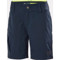 Navy blue women's cargo shorts with quick-dry fabric, button closure, side pockets, and Helly Hansen logo.