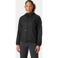 Black Helly Hansen women's windbreaker jacket with hood, zip front, and elastic cuffs, size M.