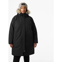 Black Helly Hansen women's parka with fur-trimmed hood, long length, and front zipper closure.