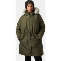 Green Helly Hansen women's parka with faux fur hood trim, front zipper, and large pockets, worn by a model.