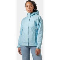 Helly Hansen blue women's rain jacket with hood, zip front, and adjustable cuffs, size M.