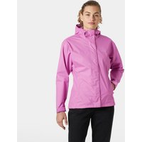 Pink Helly Hansen women's rain jacket with hood, front zipper, and adjustable cuffs, size L.