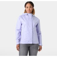 Purple Helly Hansen women's rain jacket, breathable with hood, front zipper, and adjustable cuffs, size L.