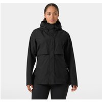 Black Helly Hansen women's rain jacket with hood, front flap pockets, and adjustable cuffs, size L.