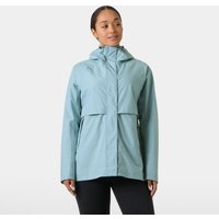 Navy Helly Hansen women's rain jacket with hood, front zipper, and adjustable cuffs, size S.