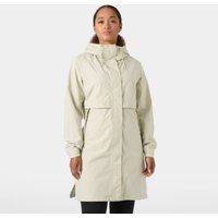 Beige Helly Hansen women's raincoat, knee-length, hooded, with front zipper and adjustable waist, size XL.