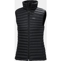 Black Helly Hansen women's insulated vest, quilted design, sleeveless, high collar, front zipper, size XL.