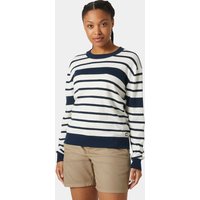 Navy and white striped Helly Hansen women's sweater with ribbed cuffs and hem, worn by a model.