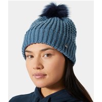 Navy Helly Hansen beanie with ribbed knit design and fluffy pom-pom on top.