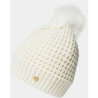 White Helly Hansen women's beanie with waffle knit texture and fluffy pom-pom on top.