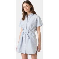 Blue Helly Hansen women's shirt dress with short sleeves, button front, and waist tie, size L.