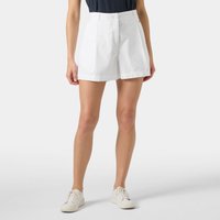 White Helly Hansen women's shorts, 4-inch length, tailored fit, side pockets, button closure, worn by model.